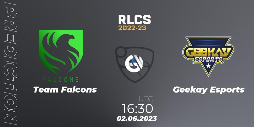 Team Falcons - Geekay Esports: ennuste. 02.06.2023 at 16:20, Rocket League, RLCS 2022-23 - Spring: Middle East and North Africa Regional 3 - Spring Invitational