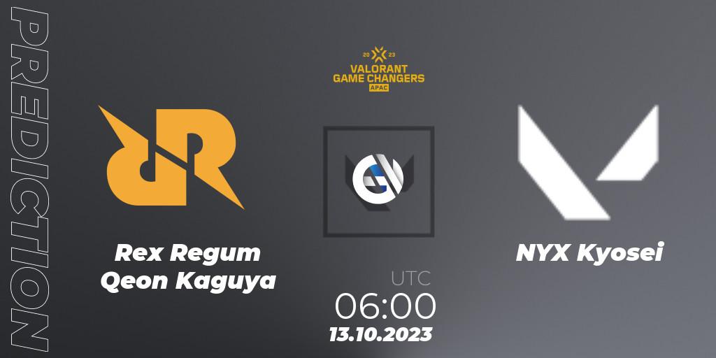 Rex Regum Qeon Kaguya - NYX Kyosei: ennuste. 13.10.2023 at 12:00, VALORANT, VCT 2023: Game Changers APAC Elite