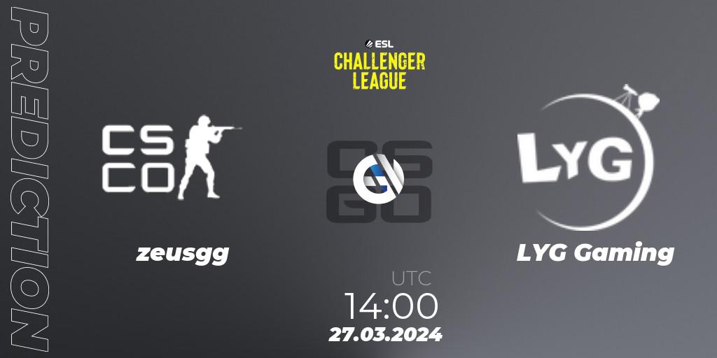 zeusgg - LYG Gaming: ennuste. 27.03.2024 at 14:00, Counter-Strike (CS2), ESL Challenger League Season 47: Asia