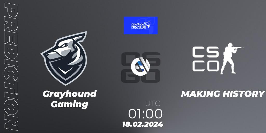 Grayhound Gaming - MAKING HISTORY: ennuste. 18.02.2024 at 01:00, Counter-Strike (CS2), OneQode Frontier