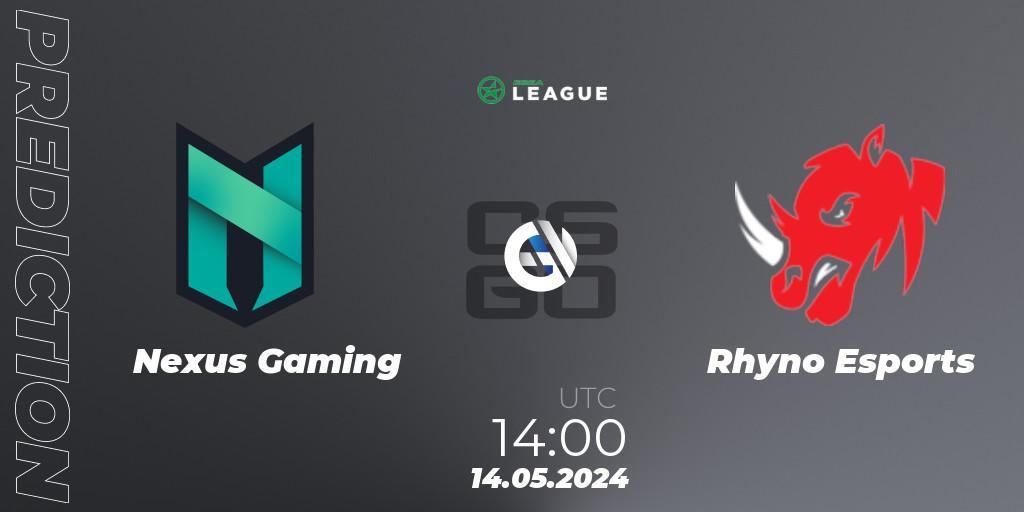 Nexus Gaming - Rhyno Esports: ennuste. 14.05.2024 at 14:00, Counter-Strike (CS2), ESEA Season 49: Advanced Division - Europe