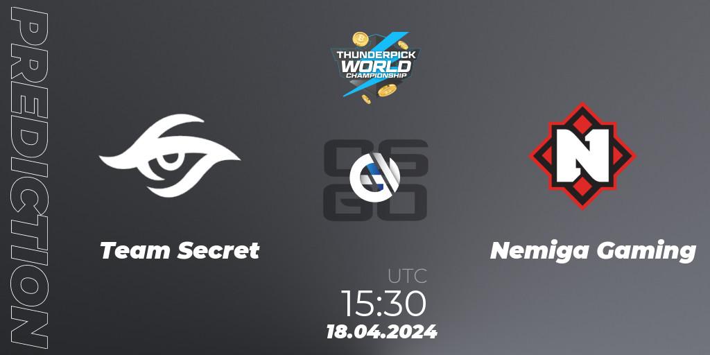 Team Secret - Nemiga Gaming: ennuste. 18.04.2024 at 15:30, Counter-Strike (CS2), Thunderpick World Championship 2024: European Series #1