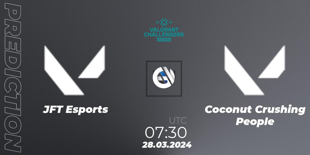 JFT Esports - Coconut Crushing People: ennuste. 28.03.2024 at 07:30, VALORANT, VALORANT Challengers 2024 Oceania: Split 1