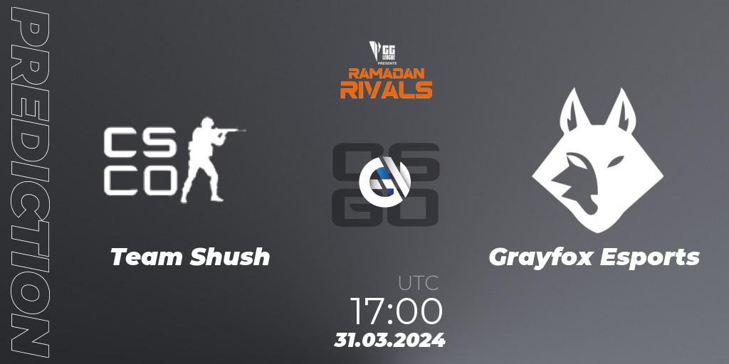 Team Shush - Grayfox Esports: ennuste. 31.03.2024 at 17:00, Counter-Strike (CS2), GG League Ramadan Rivals 2024: Open Qualifier #3