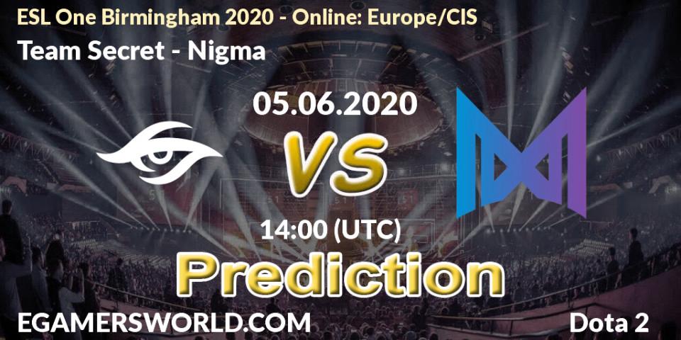 Team Secret - Nigma: ennuste. 05.06.20, Dota 2, ESL One Birmingham 2020 - Online: Europe/CIS