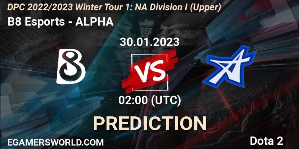 B8 Esports - ALPHA: ennuste. 30.01.23, Dota 2, DPC 2022/2023 Winter Tour 1: NA Division I (Upper)