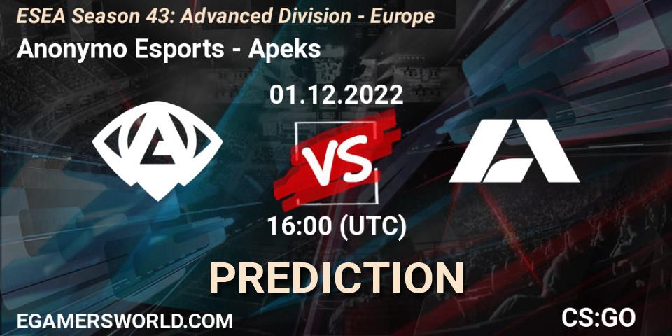 Anonymo Esports - Apeks: ennuste. 01.12.22, CS2 (CS:GO), ESEA Season 43: Advanced Division - Europe