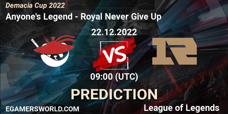 Anyone's Legend - Royal Never Give Up: ennuste. 22.12.22, LoL, Demacia Cup 2022